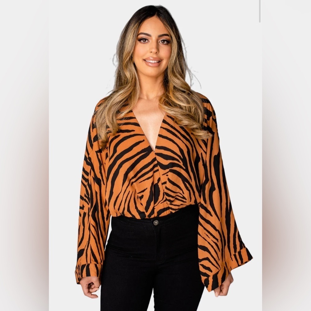 Rust Brown & Black Zebra Striped Bodysuit Blousy Bell Sleeves Buddy Love Ariana